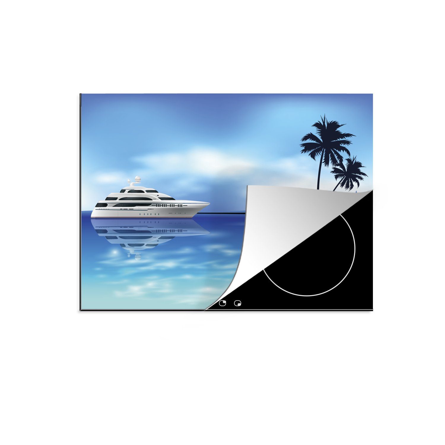 MuchoWow Herdblende-/Abdeckplatte Illustration einer weißen Jacht auf See, Vinyl, (1 tlg), 60x52 cm, Mobile Arbeitsfläche nutzbar, Ceranfeldabdeckung