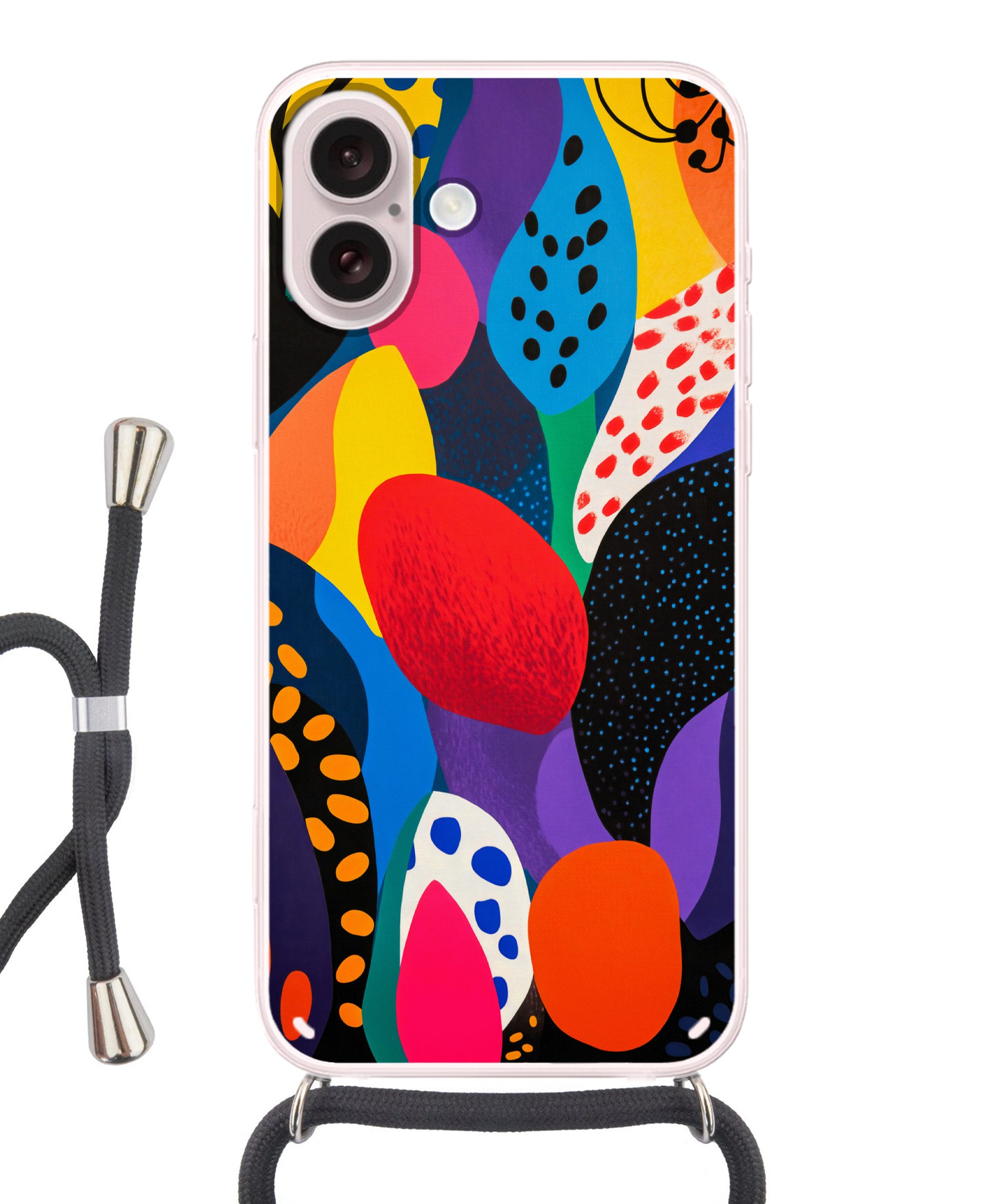 MuchoWow Handyhülle für Apple iPhone 16 Blumen - Blätter - Abstrakt - Rot, Tragbare Handyhüllen mit Kette zum umhängen, Handykette Handyband