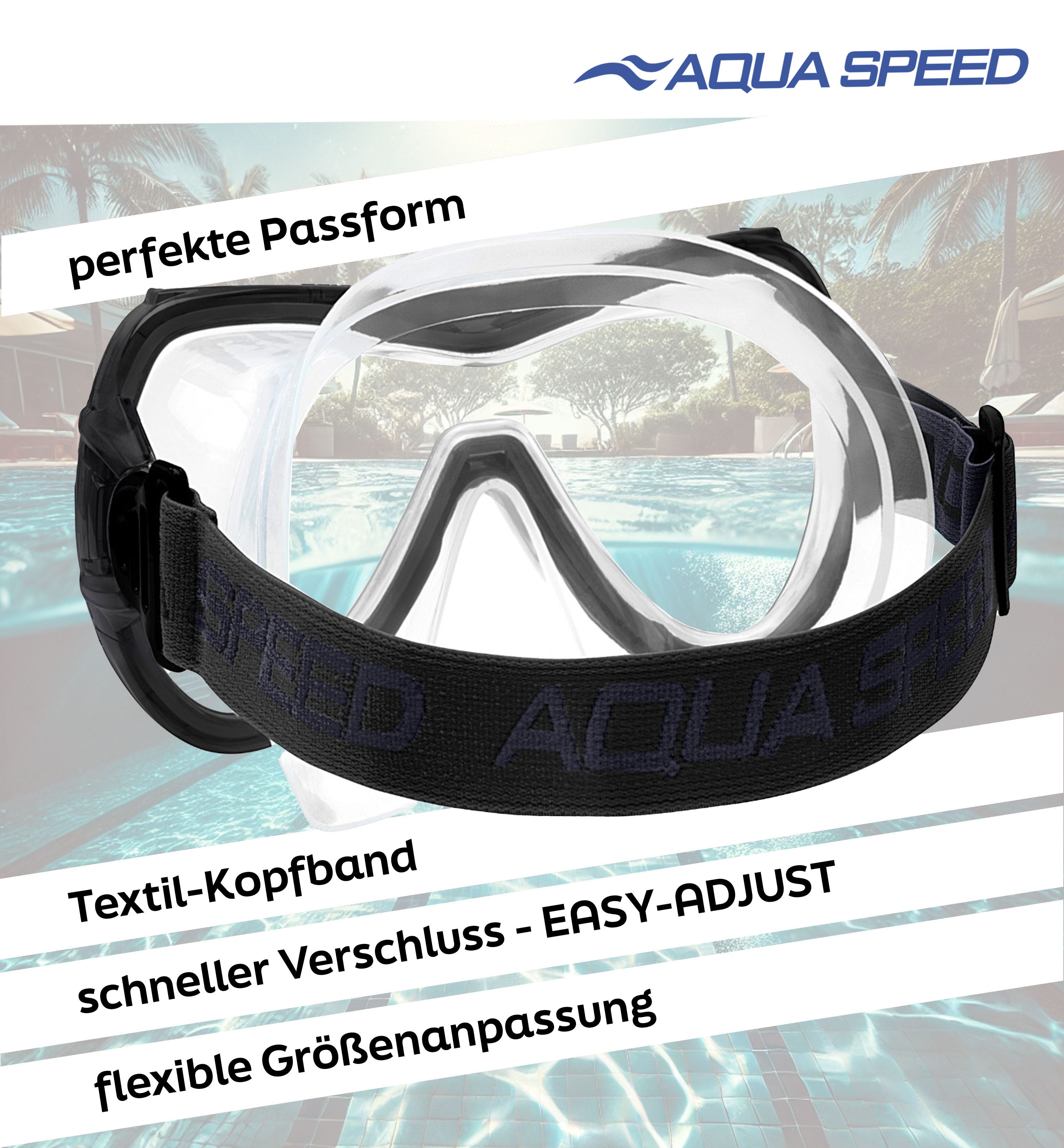 Aqua Speed Schnorchel RAY FS Tauchmaske mit Stoff-Kopfband für Erwachsene / Jugendliche (Einzel Schwimmmaske mit gehärtetem Glas), Taucherbrille Stoffband Einzellinse