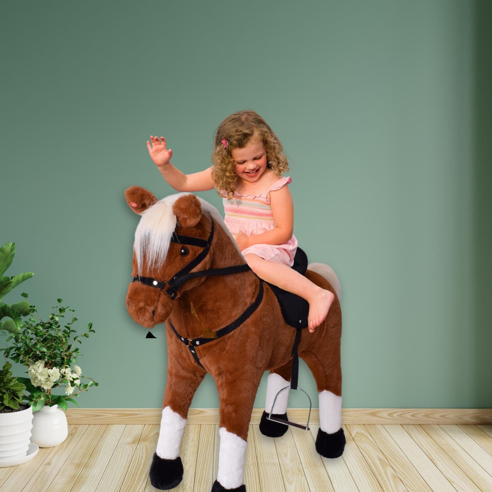TE-Trend Reitpferd 70 cm Spielzeug Schaukelpferd Pferd zum Draufsitzen hellbraun, mit Soundmodul