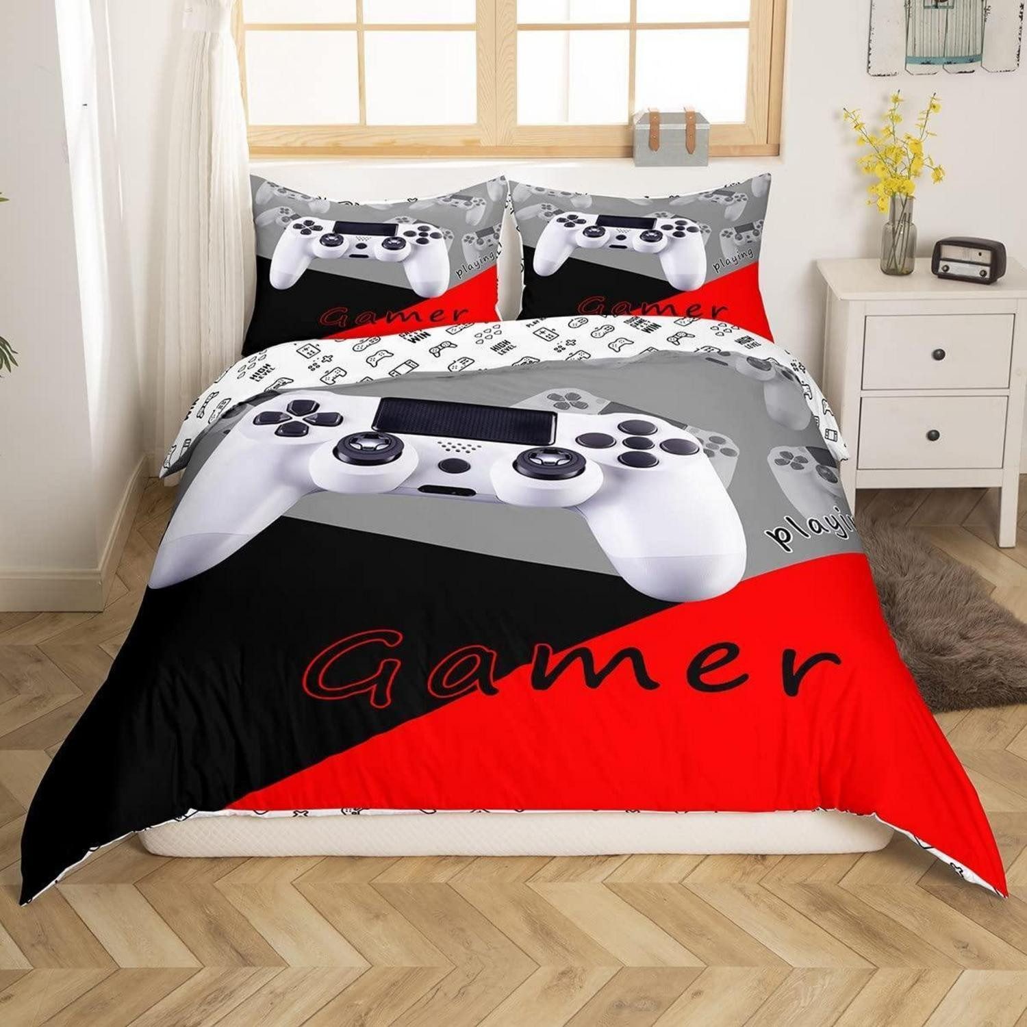 LuxusKollektion Jugendbettwäsche Bettwäsche Set Gamer Controller 135x200cm Grau Weiß Rot