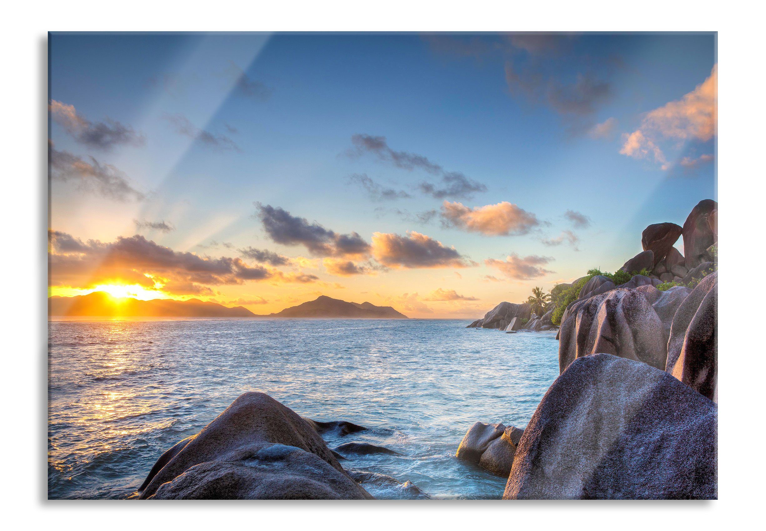 Glasbild Sonnenuntergang Seychellen
