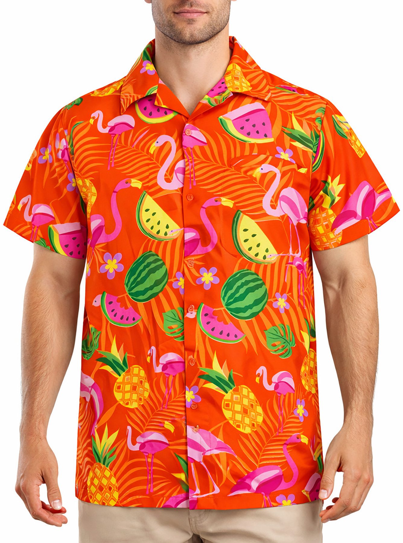 King Kameha Hawaiihemd "Flamingo Melone" Funky Hawaiihemd Herren Kurzarm Fronttasche Stylish