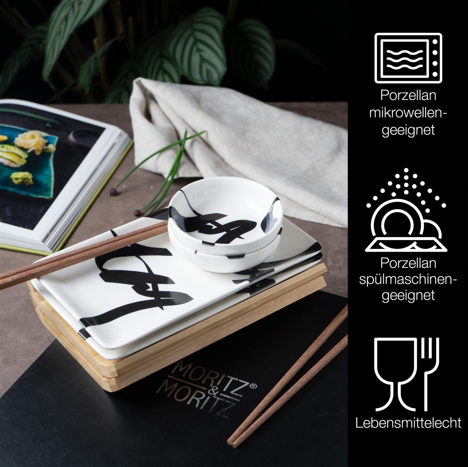 Moritz & Moritz Tafelservice Sushi Set 10tlg Pinselschrift Schwarz (8-tlg), 2 Personen, Porzellan, Geschirrset für 2 Personen
