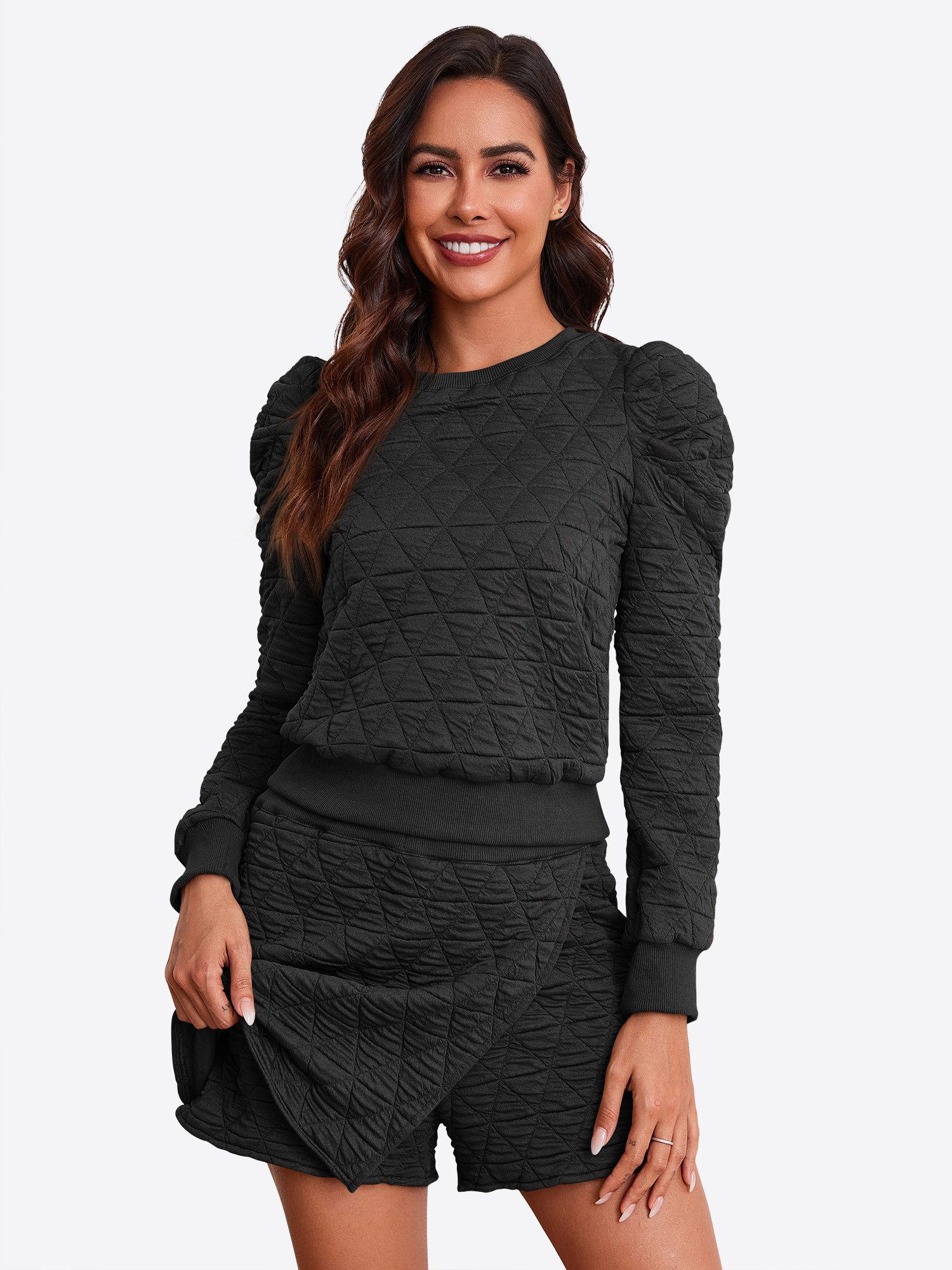 Imily Bela Hausanzug Damen Zweiteiliges Loungewear Set (Set, 2 tlg., Sweatshirt + Sweatshorts) Argyle Muster,casual