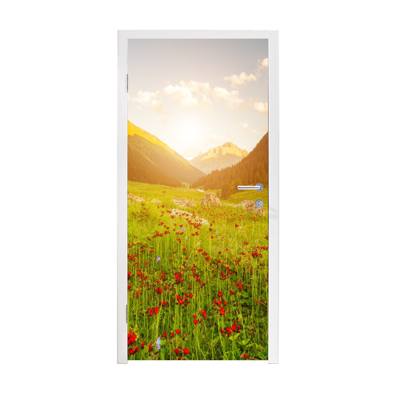 MuchoWow Türtapete Blumen - Berg - Sonne, Matt, bedruckt, (1 St), Fototapete für Tür, Türaufkleber, 75x205 cm