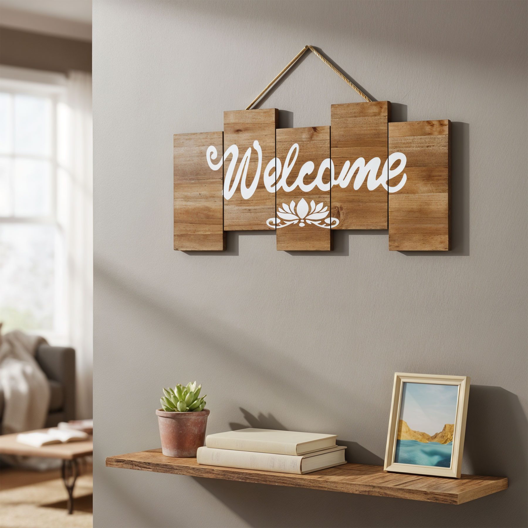 Levandeo® Holzbild, Wandbild Welcome L50cm Kiefernholz Braun Willkommensschild Wanddeko
