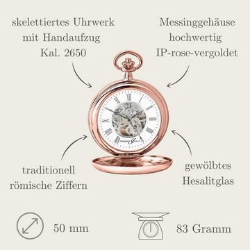Hermann Jäckle Taschenuhr Marbach Skelett Rose Handaufzug Mineralglas 50 mm, mit Kette und Etui