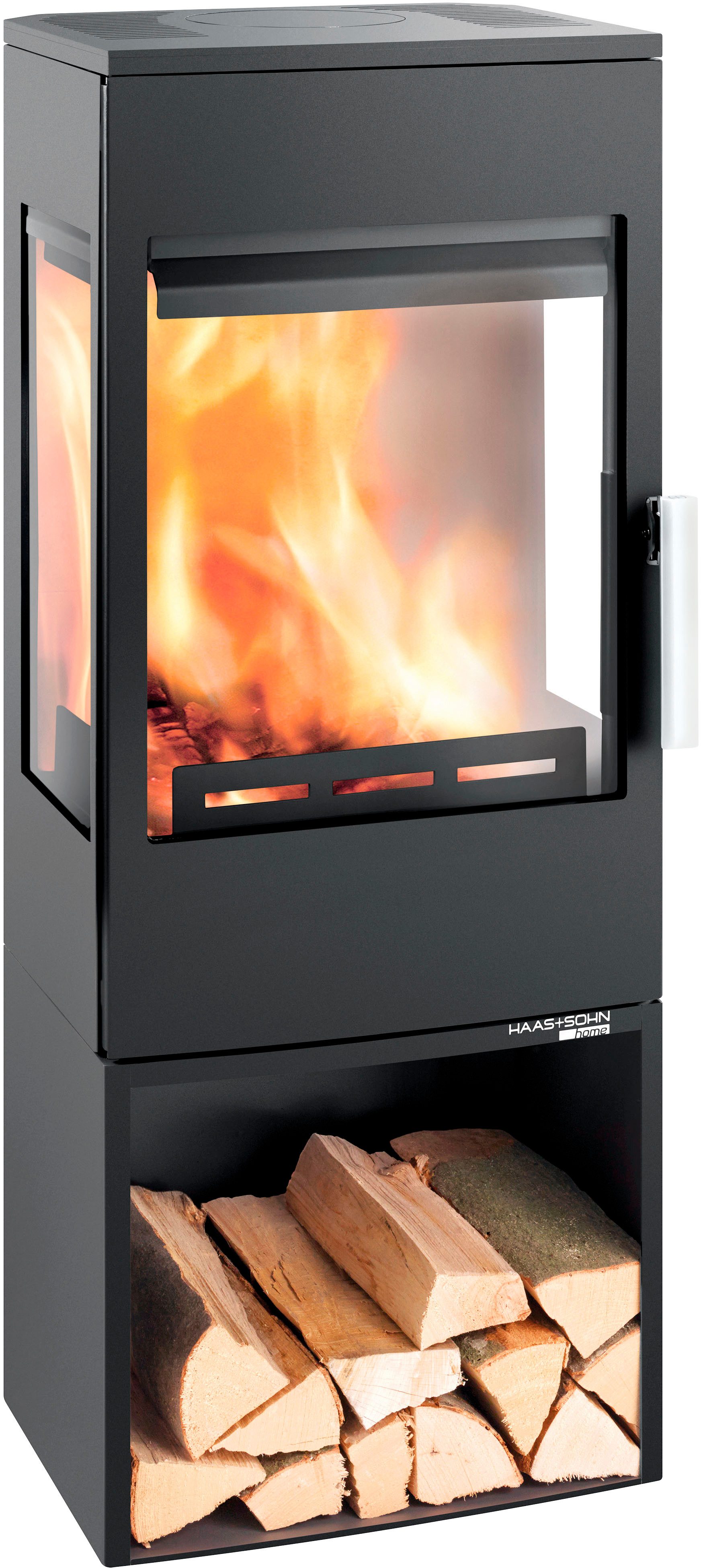 Haas + Sohn Kaminofen WIEN.l easy III tief-schwarz - 3 Sichtscheiben mit Holzfach, ohne Türe, Zeitbrand