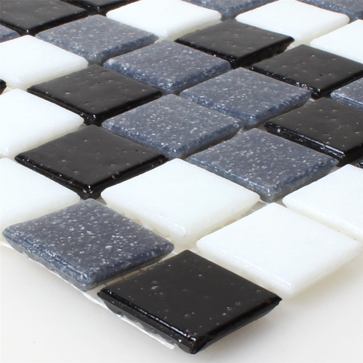 Mosafil Mosaikfliesen Mosaikfliesen Glas Weiss Grau Schwarz Mix, Glas 32.700×30.500, weiß-schwarz-grau, Verlegefertig auf ein Netz geklebt – Frostsicher – Wasserfest