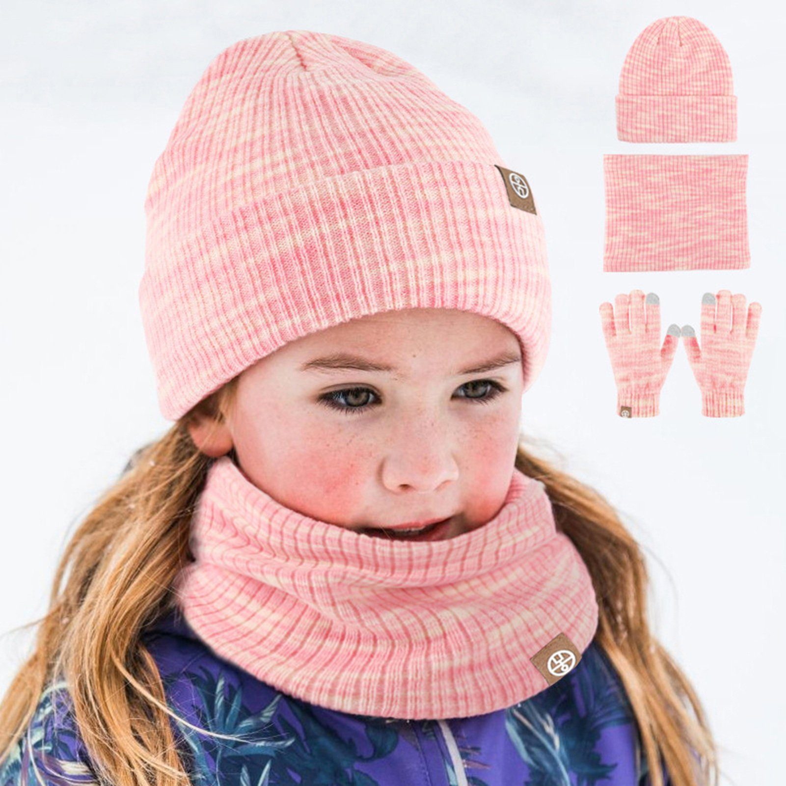 In Rutaqian Mädchen Handschuhe Hut Winter 3 Kinder Set, (Warme Set Schlupfmütze Beanie Kinder Handschuhe Wintermütze runder Touchscreen Mädchen Schal Handschuhe Set) 1 Winter Kinder Wintermütze Schal Schal