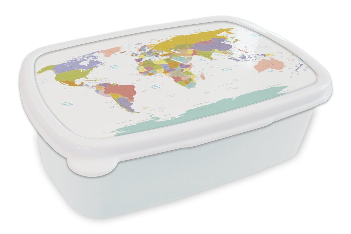MuchoWow Lunchbox Weltkarte - Topographie Kind Kinder - und Jungs für Mädchen Brotdose, für Brotbox Farben Erwachsene, (2-tlg), - Junge und Mädchen, - - weiß Kunststoff