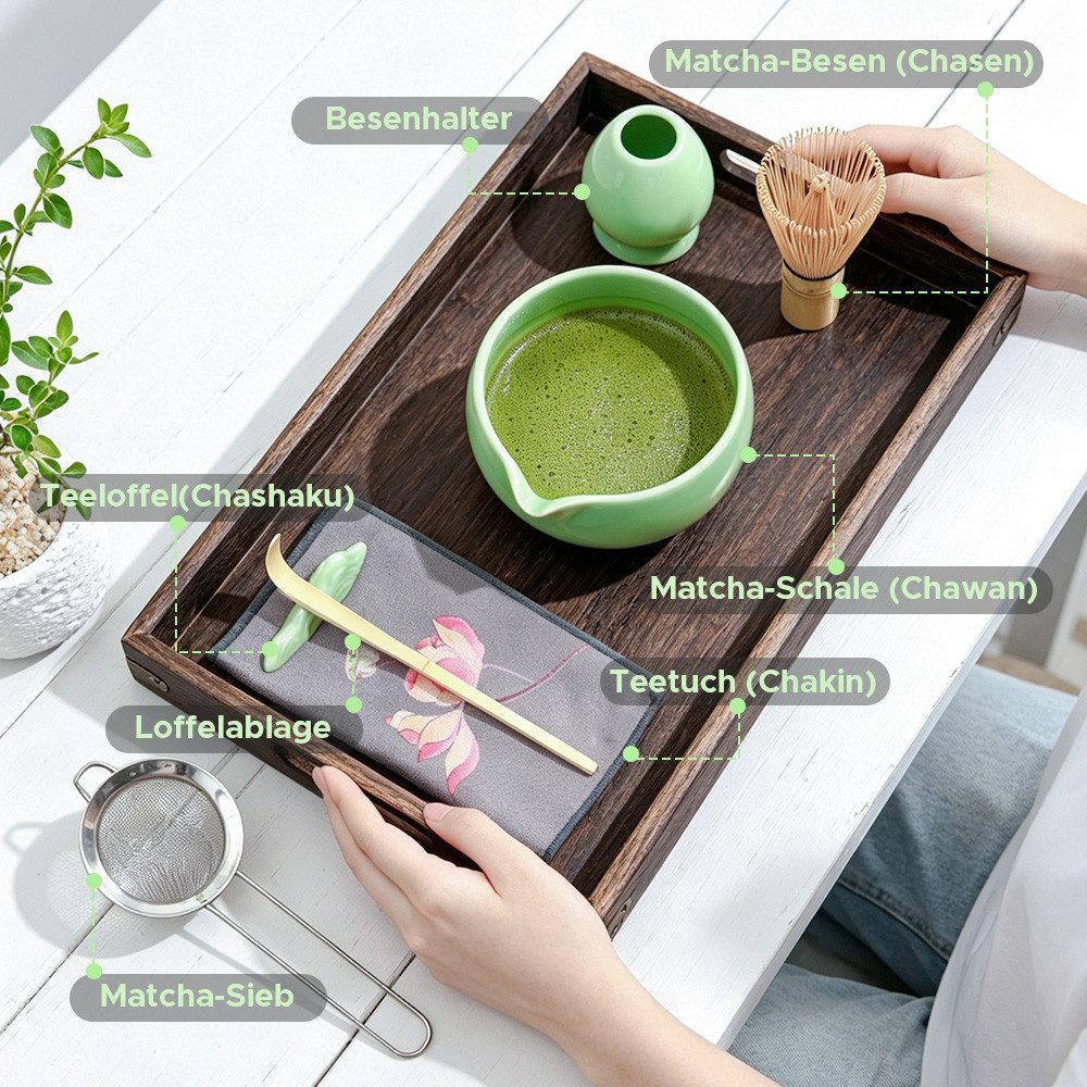Maestri House Teeservice Japanisches Matcha Zubehör Set Matcha Besen Set Geschenkset 7-Teilig, Bambus, 510ml Schale, Bambus-Chasen, Haltern, Sieb, Löffel und Tuch erhalten