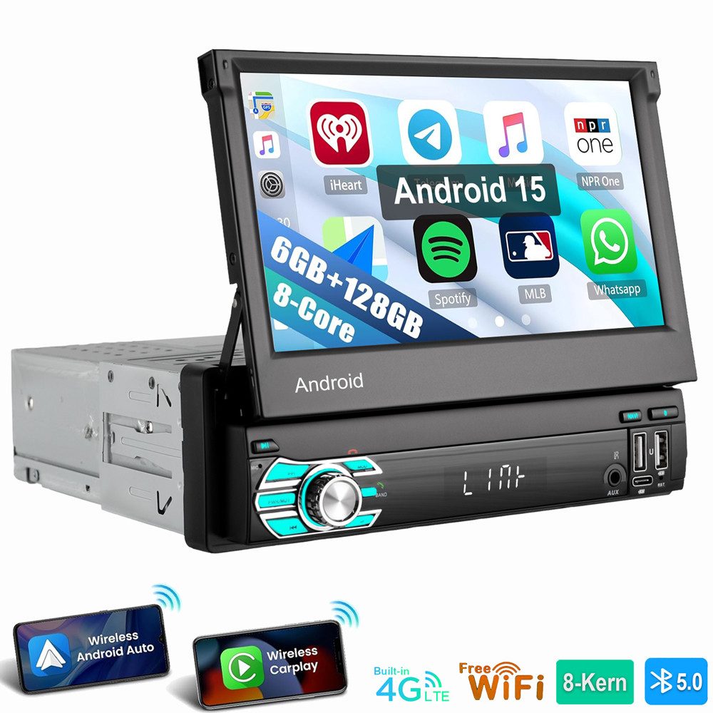 ESSGOO 8-Kern Android 15 CarPlay 7" Autoradio GPS Single 1DIN WiFi 6+128GB 4G Autoradio (Digitalradio (DAB), RDS, FM, AM, 8-Kern Carplay Android Auto GPS Navi WIFI BT)