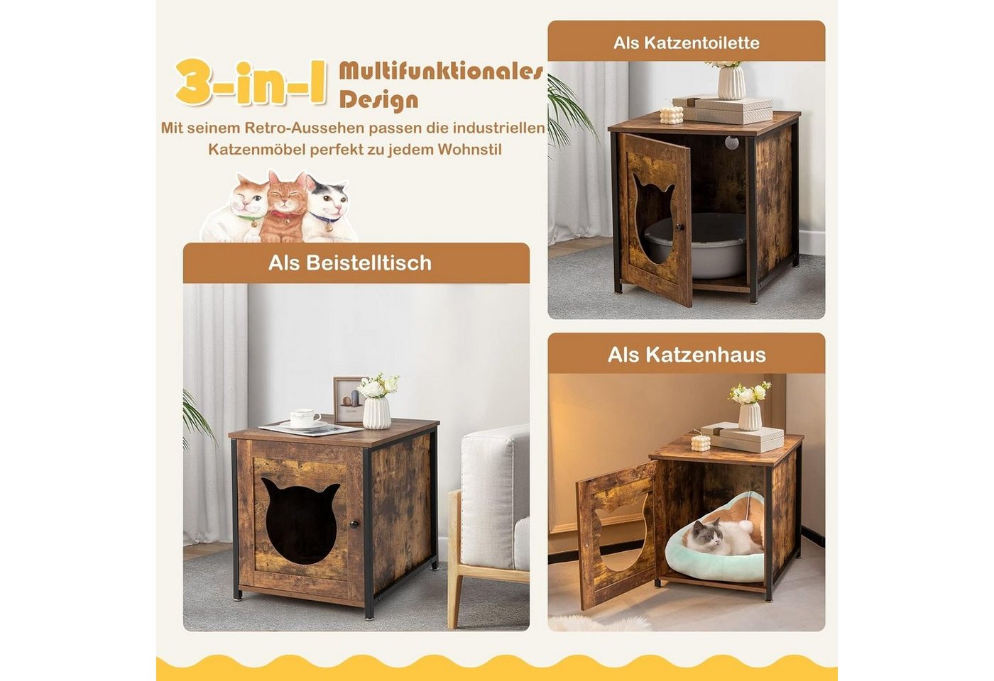 Thumbnail - KOMFOTTEU Tierhaus Katzenschrank, mit Einzeltür, 50×53×55cm, Braun
