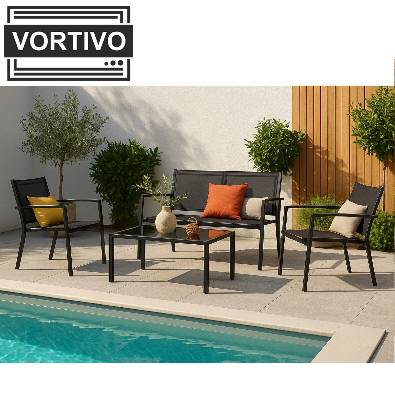 VORTIVO Gartenlounge-Set klein für 4 Personen, wetterfest, (Balkonmöbel Set outdoor, 4-tlg., mit Glastisch, 2 Sesseln & Sofa – UV-beständig & pflegeleicht), Gartenmöbel für Terrasse, Balkon, Garten