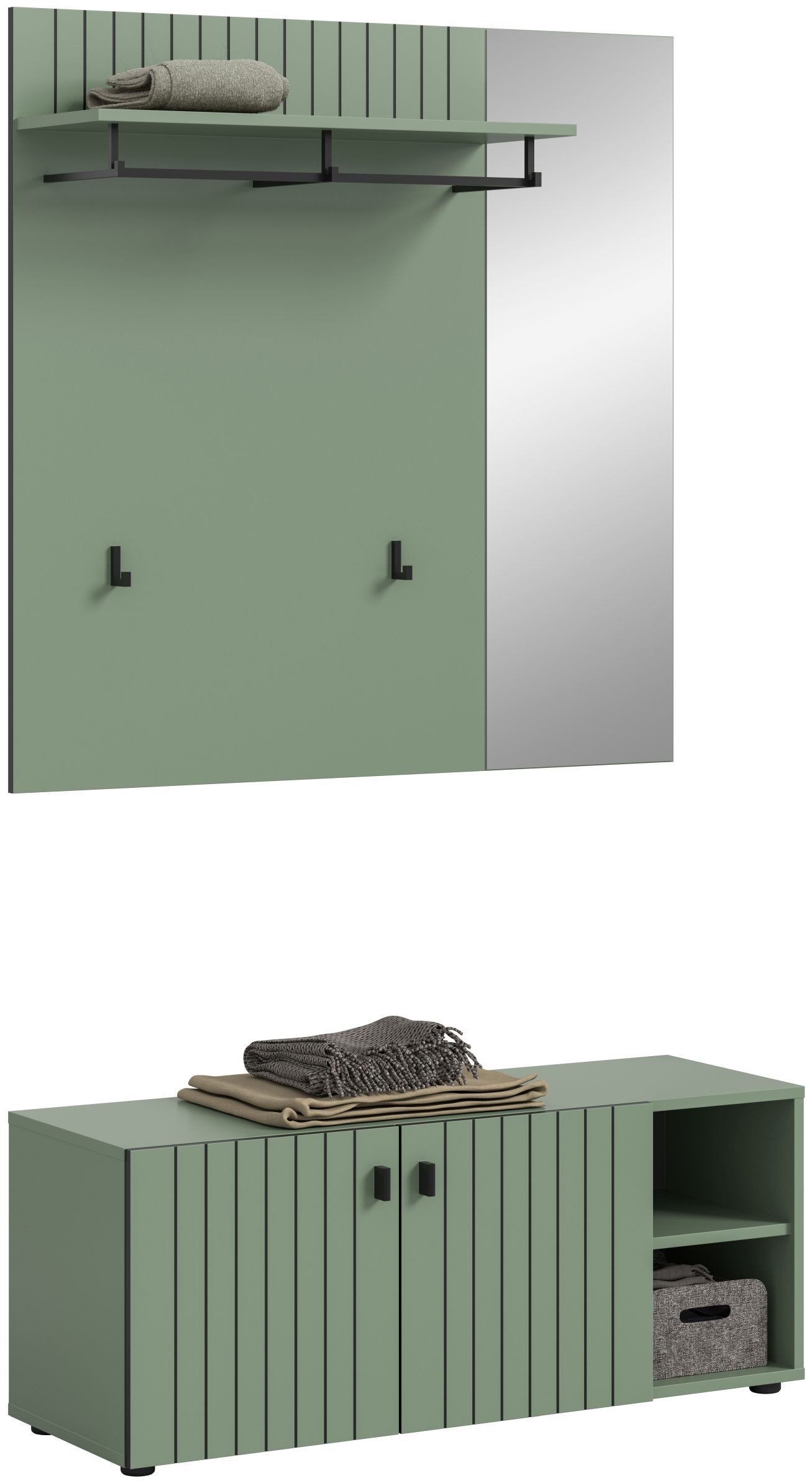 xonox.home Garderoben-Set, (2-tlg. Garderobensitzbank & Garderobenpaneel), in Smoke Green Nachbildung B/H/T ca.: 106/192/37 cm