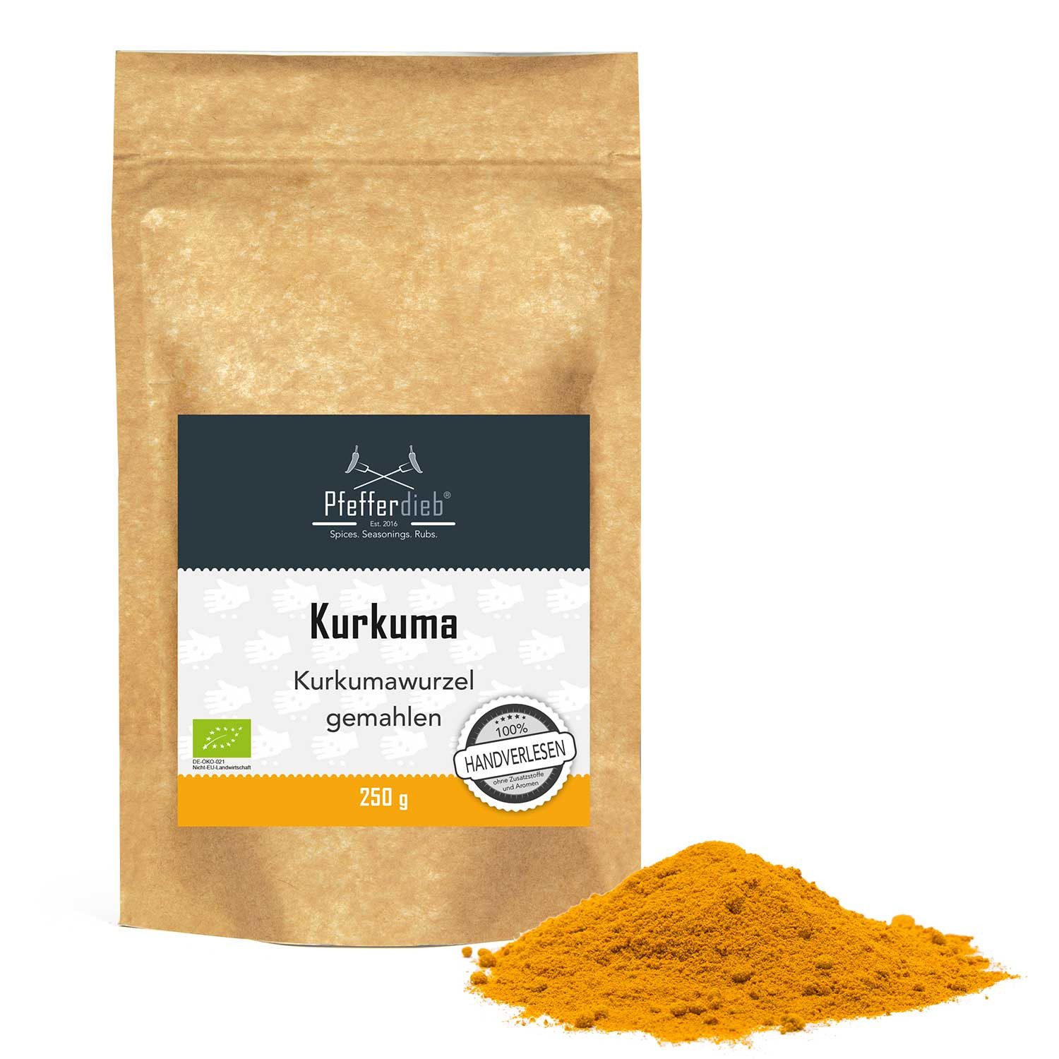 Pfefferdieb Gewürz Kurkuma (Gelbwurz), gemahlen, BIO, 250g, Süßlich mit einer herben Note und im Abgang erdig-holzig.