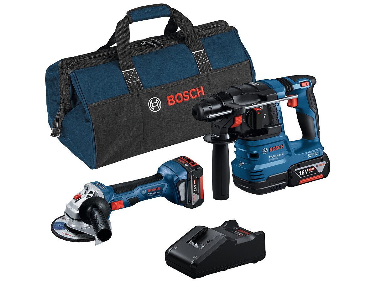 Bosch Professional Elektrowerkzeug-Set GBH 18 V-22 + GWS 18 V-7, Set, 13-tlg., inkl. 2 x Akku GBA 18 V 4,0 Ah, Ladegerät GAL 18 V-40, Tasche