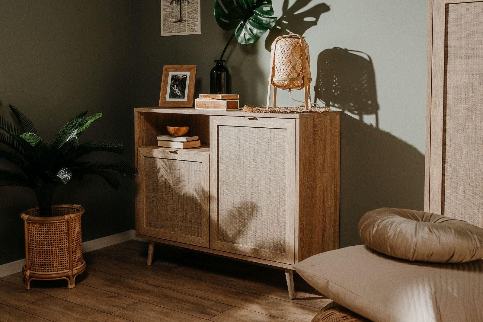 möbelvita Kommode Kommode Malmö 01A - in Sonoma Eiche mit Bast-Dekor