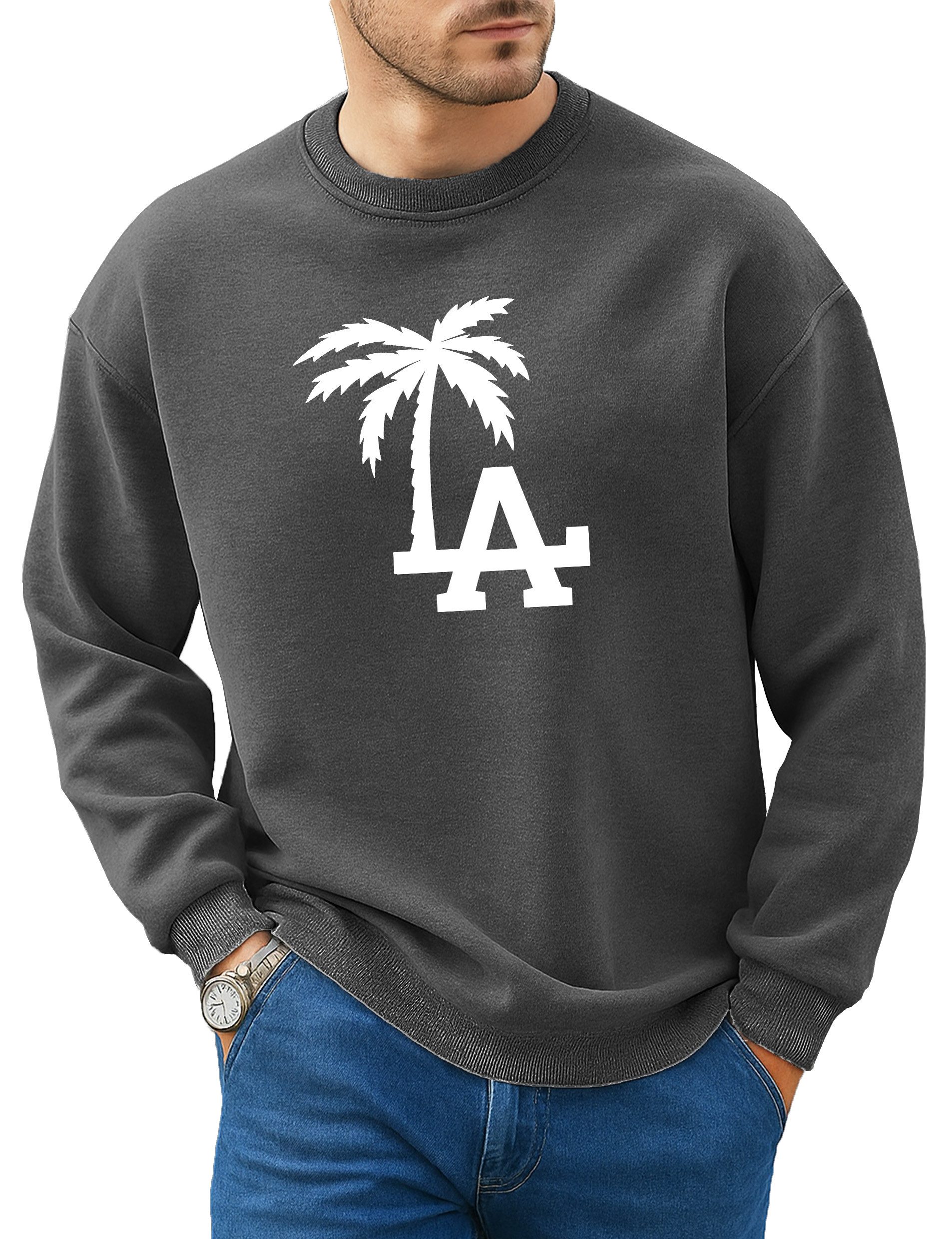 Fleecepullover Herren Rundhalspullover Pullover Oversized Fitness LA Los Angeles