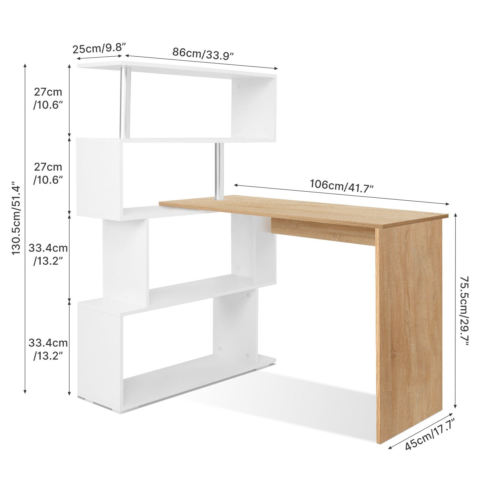 Mondeer Eckschreibtisch Schreibtisch, mit 360 Grad Drehbarem Bücherregal 157 x 45 x 130,5 cm – Bild 4 von 5