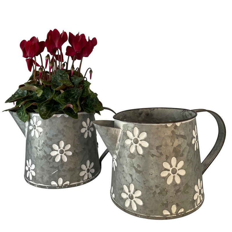 Online-Fuchs Blumentopf 2er Set Zinkkannen Blumen Übertopf Pflanzkübel Kräuter P48, 22 x 15 cm breit und 14,5 cm hoch Teekanne Vintage