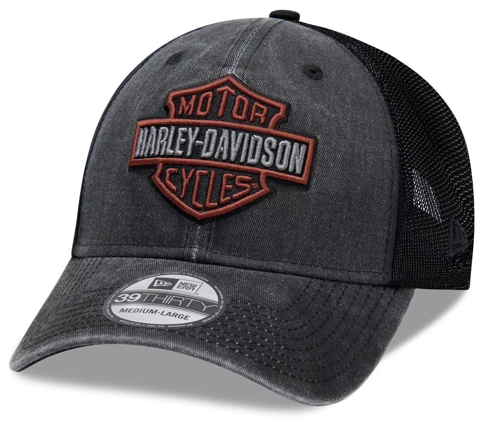 HARLEY-DAVIDSON Baseball Cap Herren Trucker Cap Washed Colorblock 39THIRTY® Kappe Bar&Shield Logo Gesticktes New Era Flaggenlogo auf der Seite
