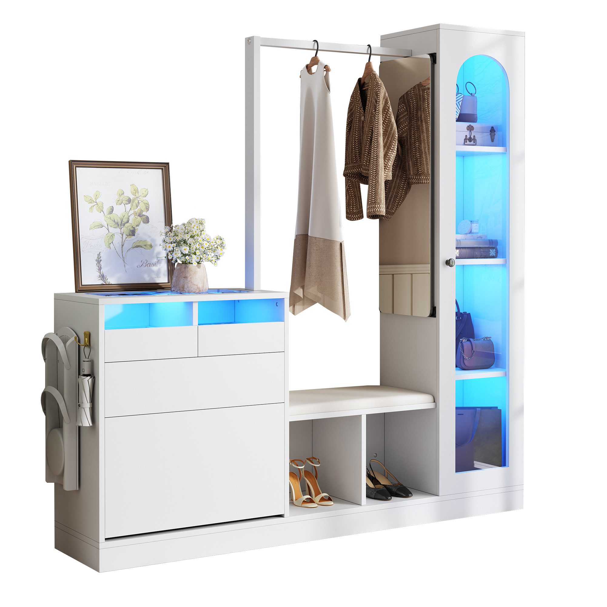 EXTSUD Garderoben-Set Multifunktionales Ausziehbett mit Stauraum & USB-Ladestation in Weiß, (Glasvitrine, Mit farbwechselndem LED-Licht), Garderobenset, Schuhbank und Klappschuhschrank