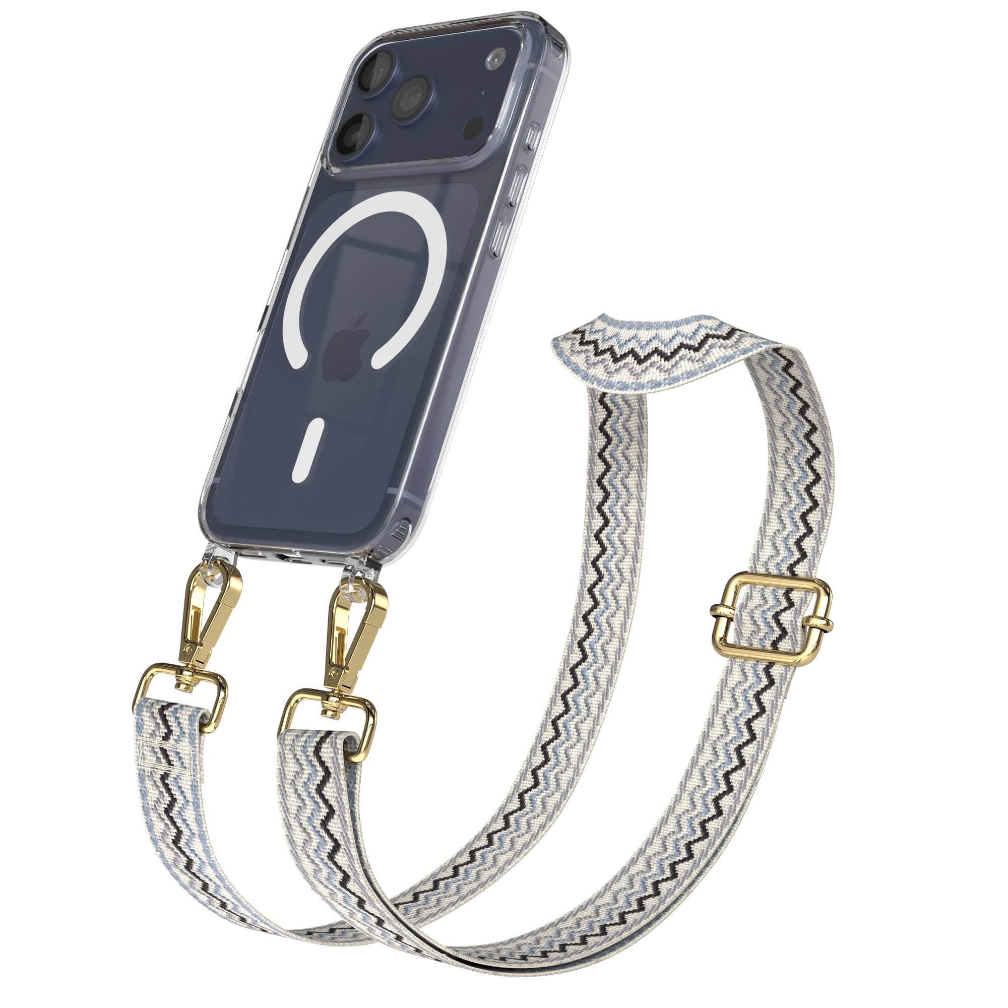 EAZY CASE Handykette Umhängeband MagSafe Hülle für Apple iPhone 17 Pro 6,3 Zoll, Body Bag Riemchen Wechselband Wave Ersatzgurt klare Hülle MagSafe Blau