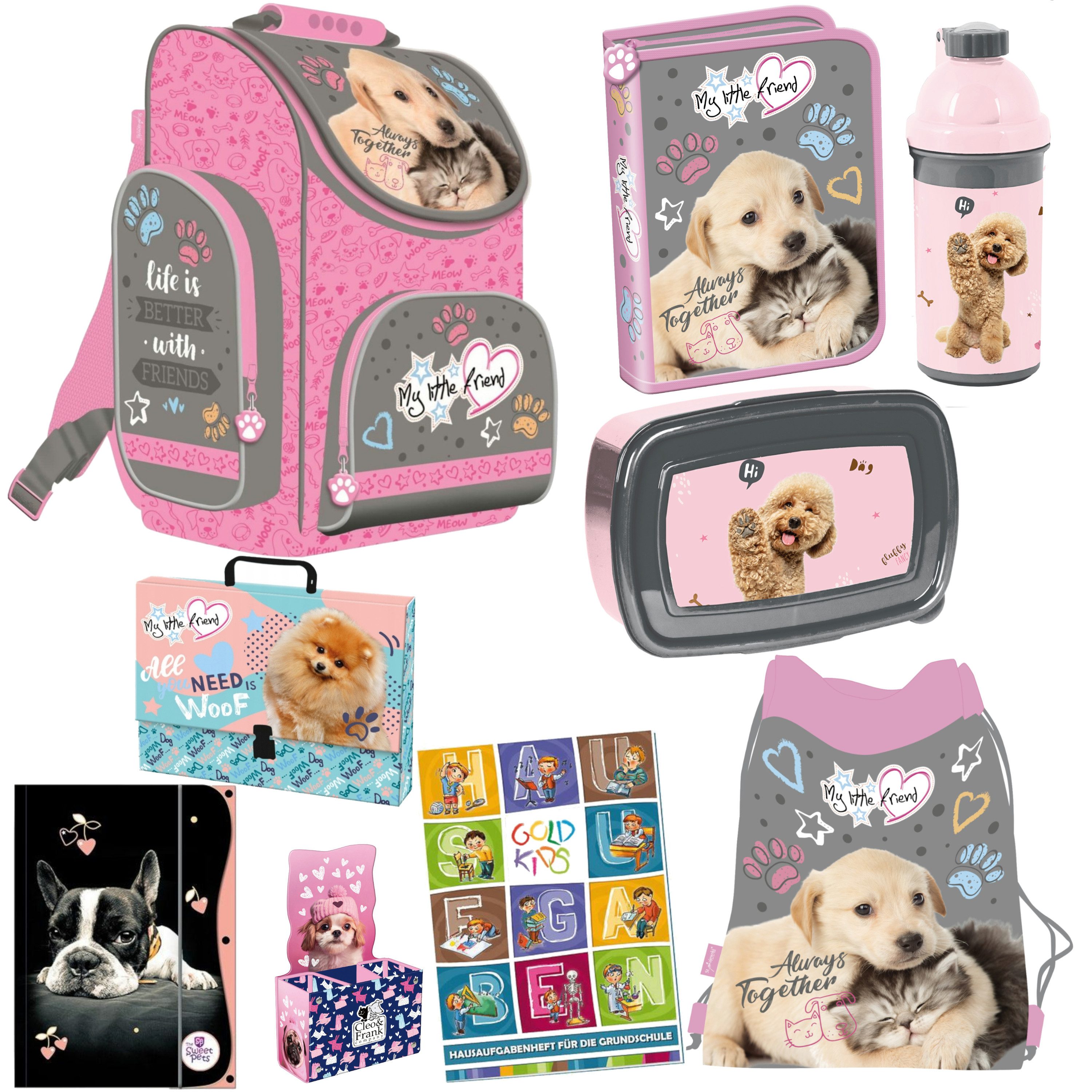 GOLDKIDS Schulranzen für Jungen und Mädchen, 9er-Set - (Schul-Rucksack für Kinder mit, 1-tlg., Federmäppchen - Schuhbeutel Sammelmappe), und Hausaufgabenheft - Hund Motiv - 1-3 Klasse