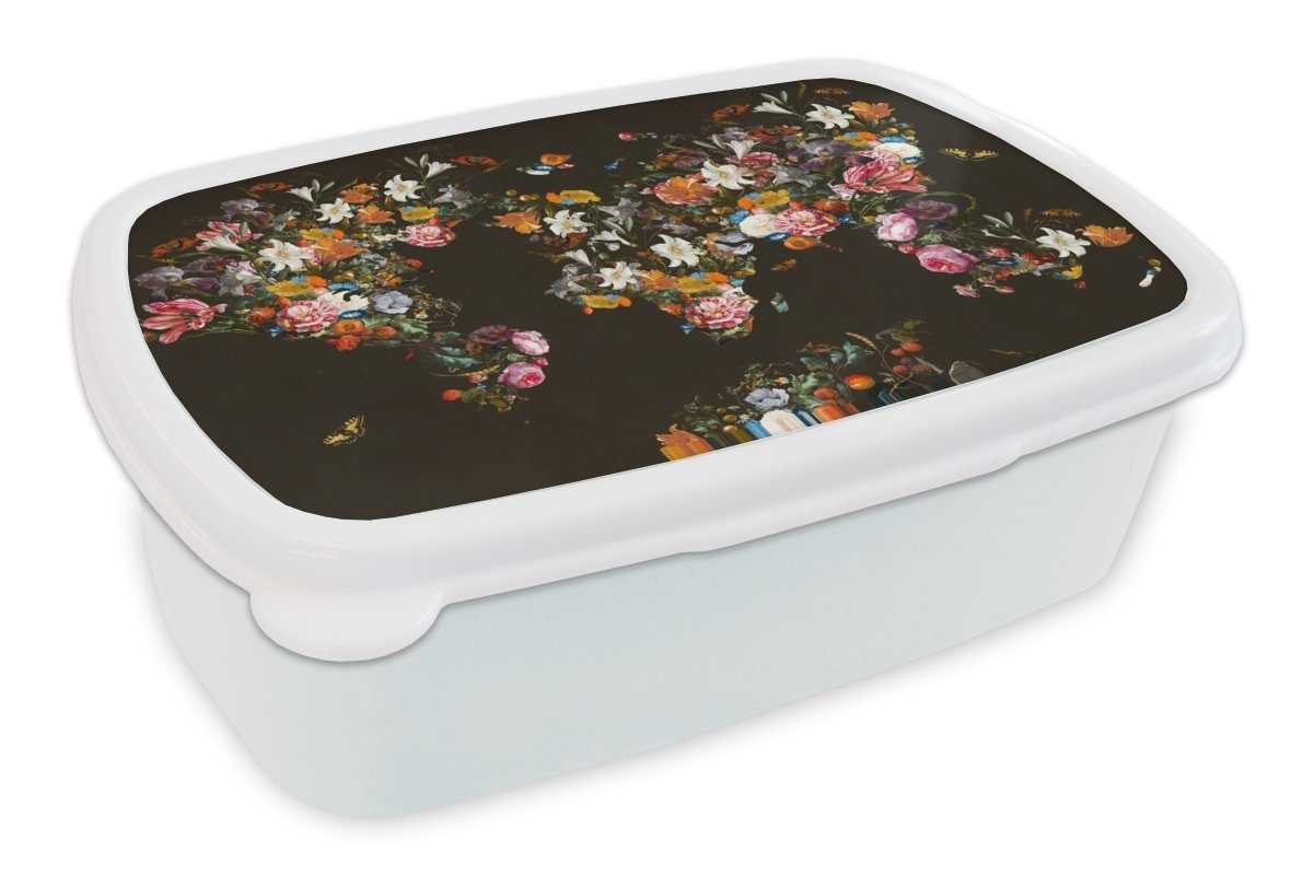MuchoWow Lunchbox Weltkarte - Blumen - Schmetterling - Schwarz, Kunststoff, (2-tlg), Brotbox für Kinder und Erwachsene, Brotdose, für Jungs und Mädchen weiß
