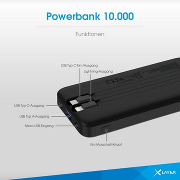 XLAYER Powerbank PD 20W 10.000 mAh integrierte Kabel USB-C und Lightning Powerbank