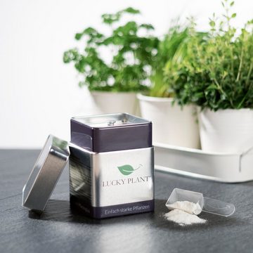 Lucky Plant Pflanzgranulat Pflanzenstärkung Pulver 400g weiß inkl. Messlöffel + in Blechdose, Zier- und Topfpflanzen, Sträucher, Rasen, Obst und Gemüse