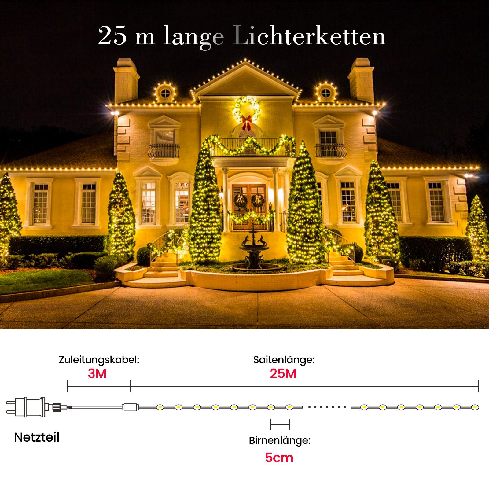 500-flammig, Fernbedienung, mit 25M Weihnachtsbaum Außen, IP65 für Elegear Weihanchtsdeko Lichterkette LED-Lichterkette 500LEDs,