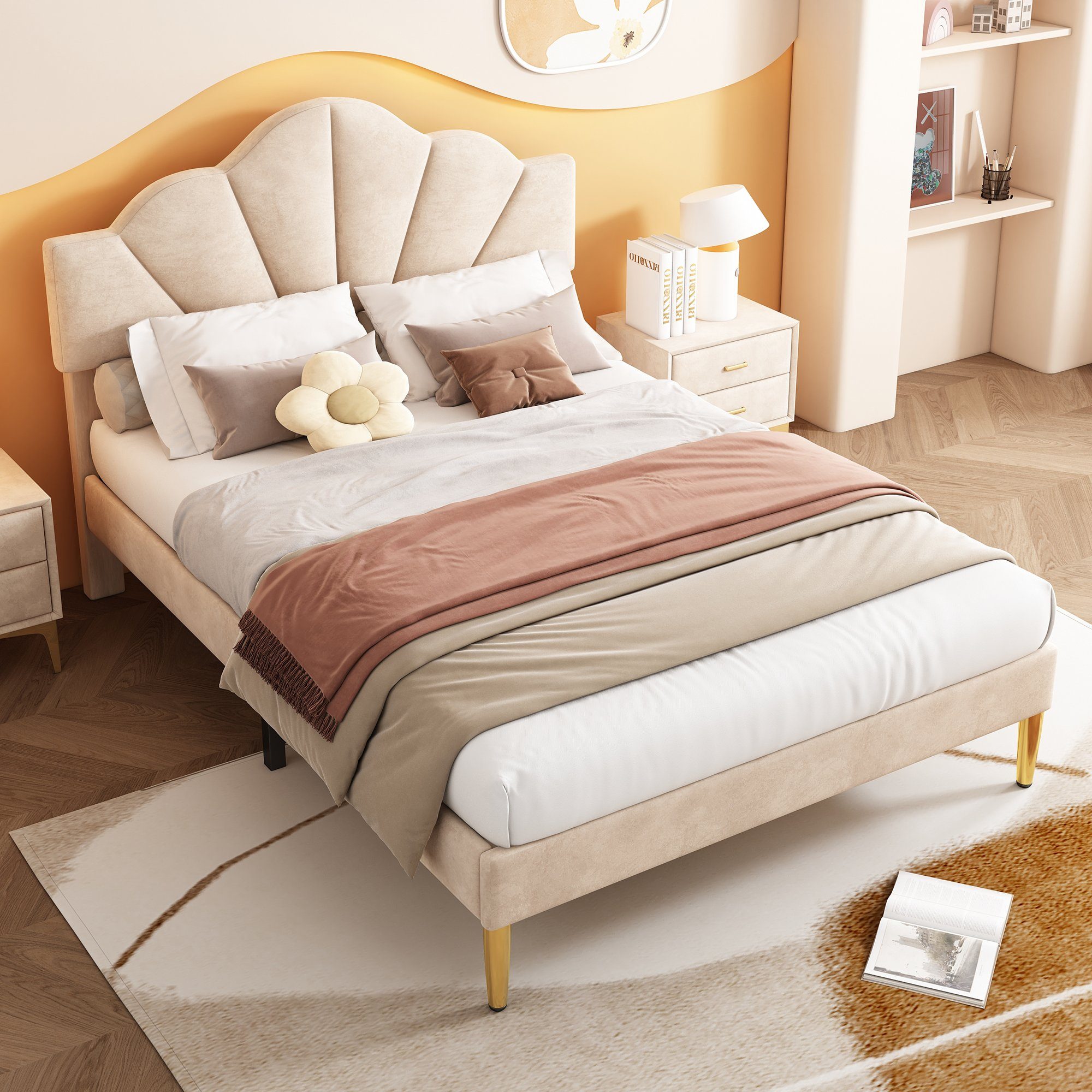 REDOM Polsterbett muschelartiges Bett (140 X 200 CM Ohne Matratze), Höhenverstellbares Kopfteil,Bett mit goldenen Eisenbeinen Beige