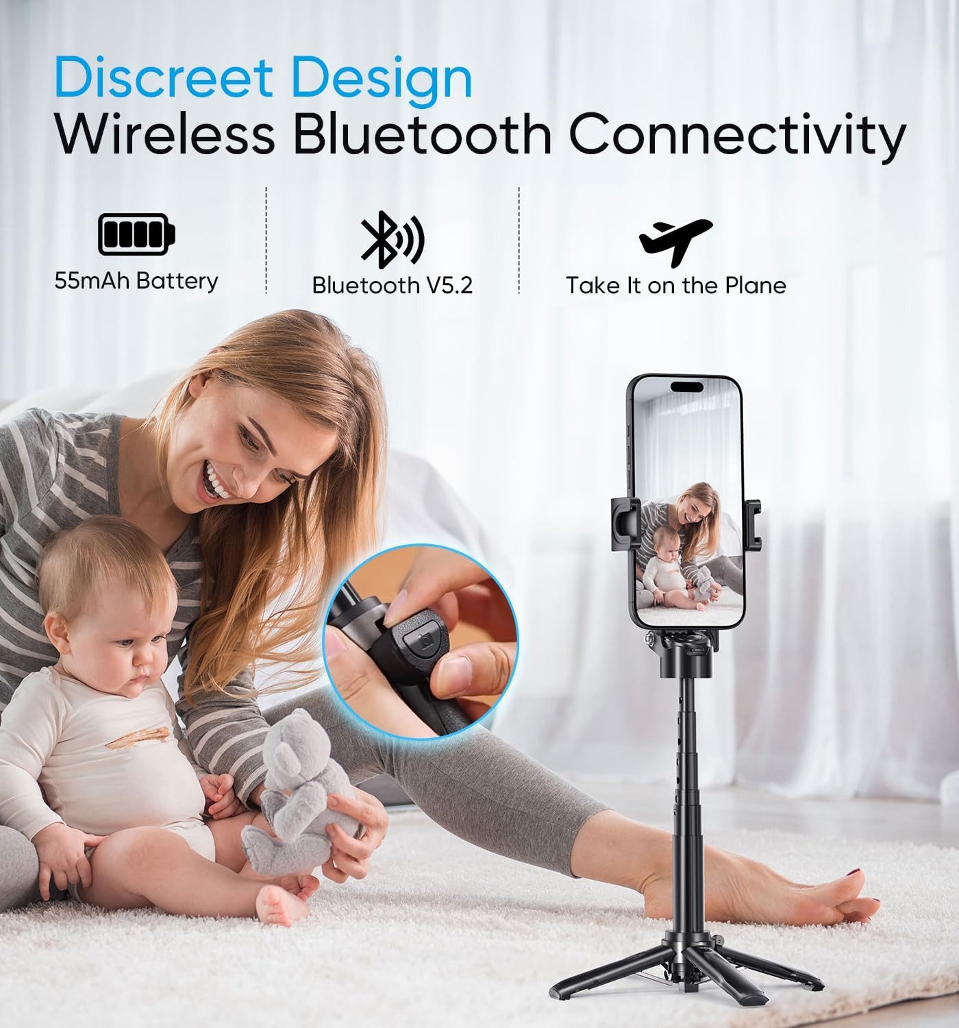 ibettertec Selfie-Stick 3 in 1 Bluetooth Selfie-Stick,Handyhalter mit Bluetooth Fernbedienung, Klappbar,360° drehbar, höhenverstellbar,Wiederaufladbar,Tragbar – Bild 4 von 5
