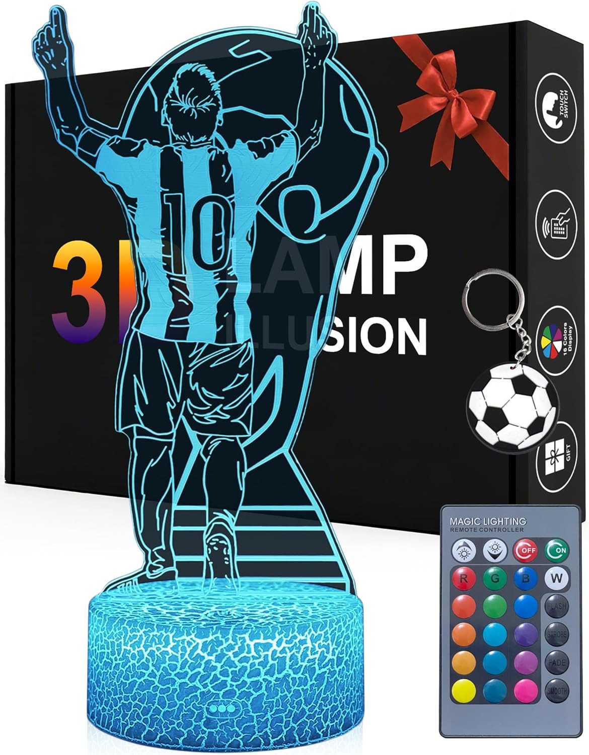 LA CUTE LED Nachtlicht 3D Nachtlicht Fußballspieler Nr. 10 mit 16 Farben & Fernbedienung, Bunt, RGB LED, 3D-Fußballspieler, 16 Farben, Fernbedienung, Touchfunktion, LED