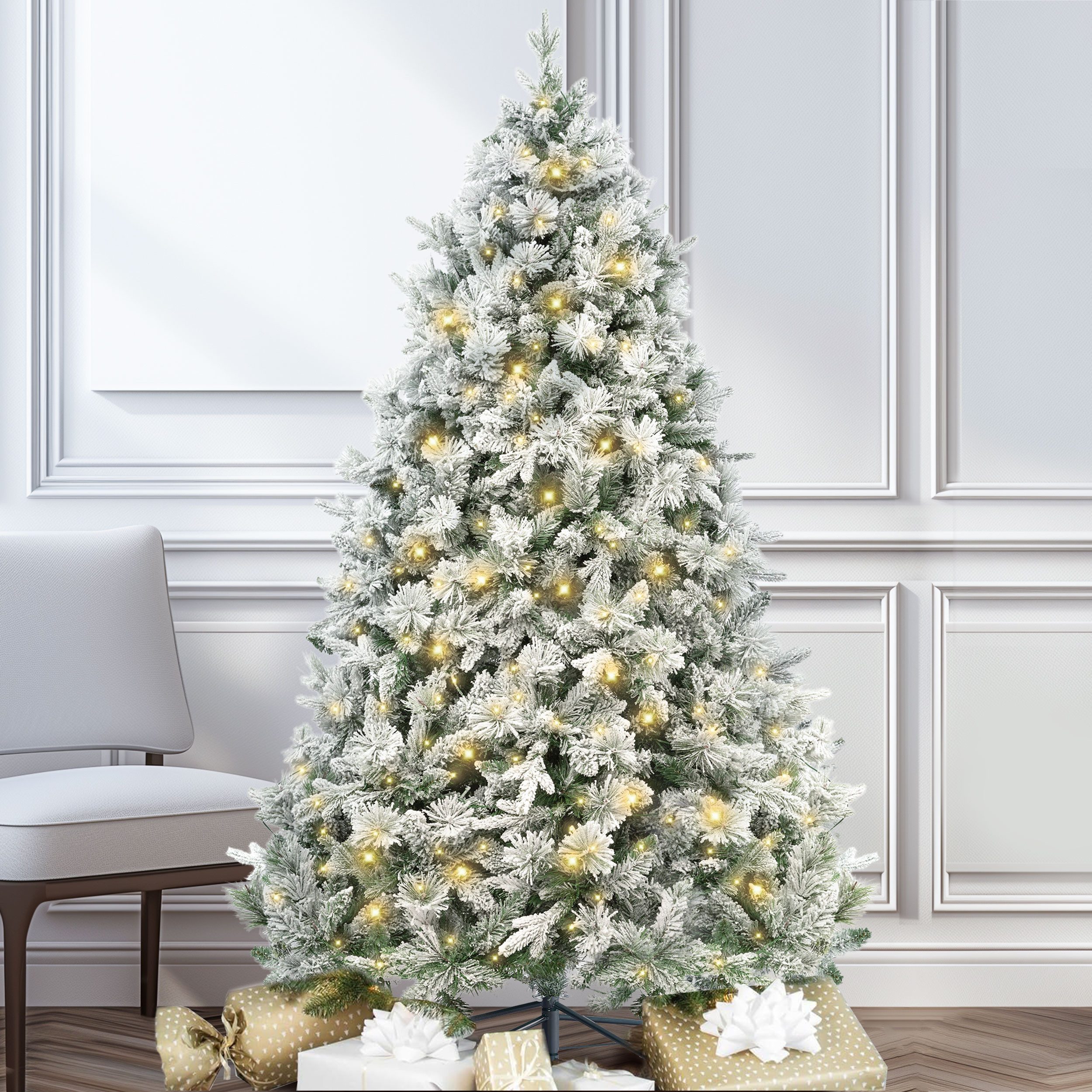 TAB Künstlicher Weihnachtsbaum baum mit beleuchtung, LED Christbaum, mit Tannennadeln aus PVC UND PE, mit 300 Warm-Weißen LED Lichtern, 180 cm mit 1100 Spitzen und Metallständer