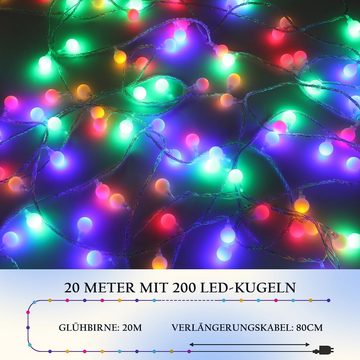LETGOSPT LED-Lichterkette 200er LED Kugel Lichterkette Bunt 20M, Stecker