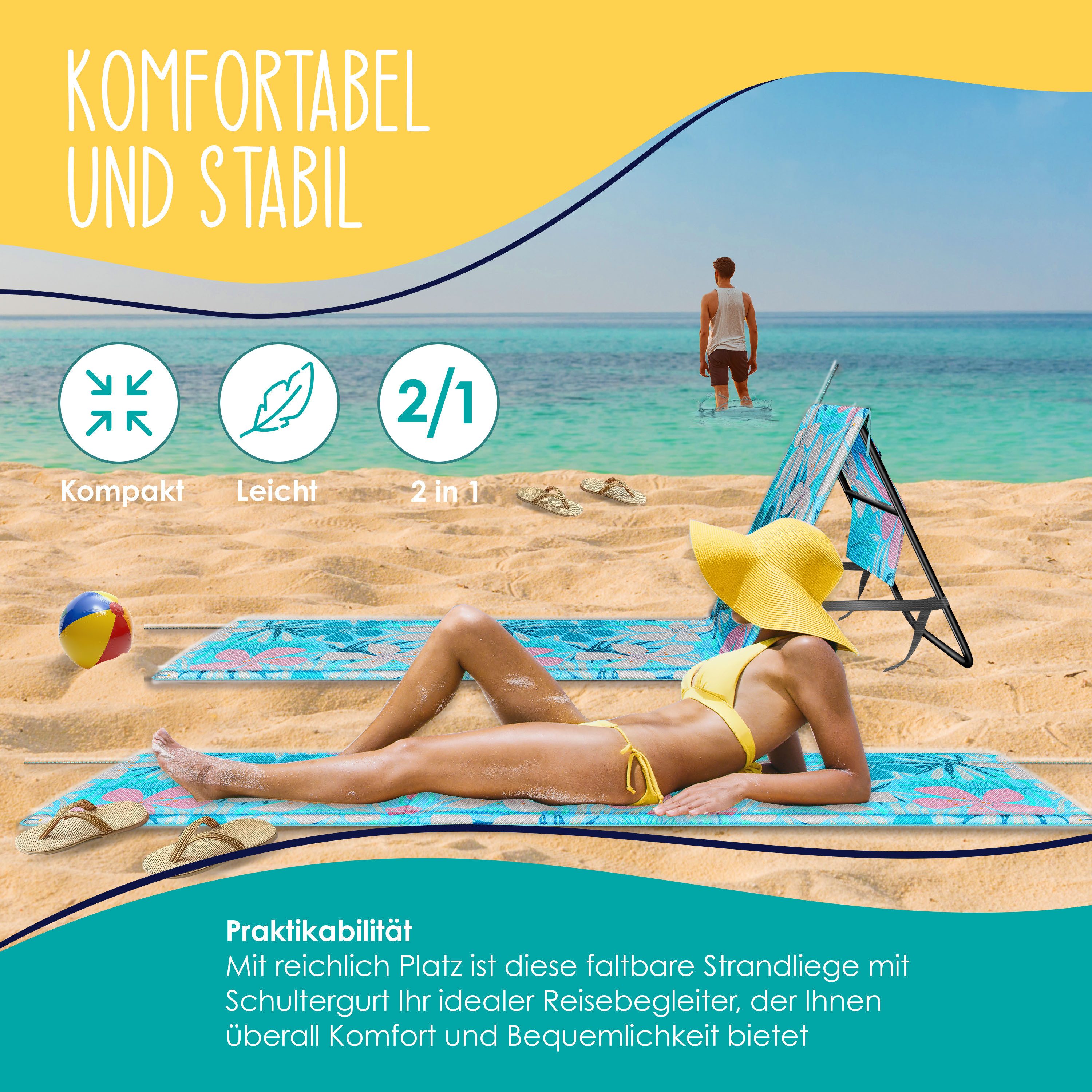KESSER Gartenliege Strandmatte klappbar mit verstellbarer Rückenlehne max. 130 kg, 1 St., Strandliege mit Tragegurt, wasserdichter Handyhülle & Tragetasche, Sonnenliege faltbar für Strand, Garten & Terrasse Liegematte