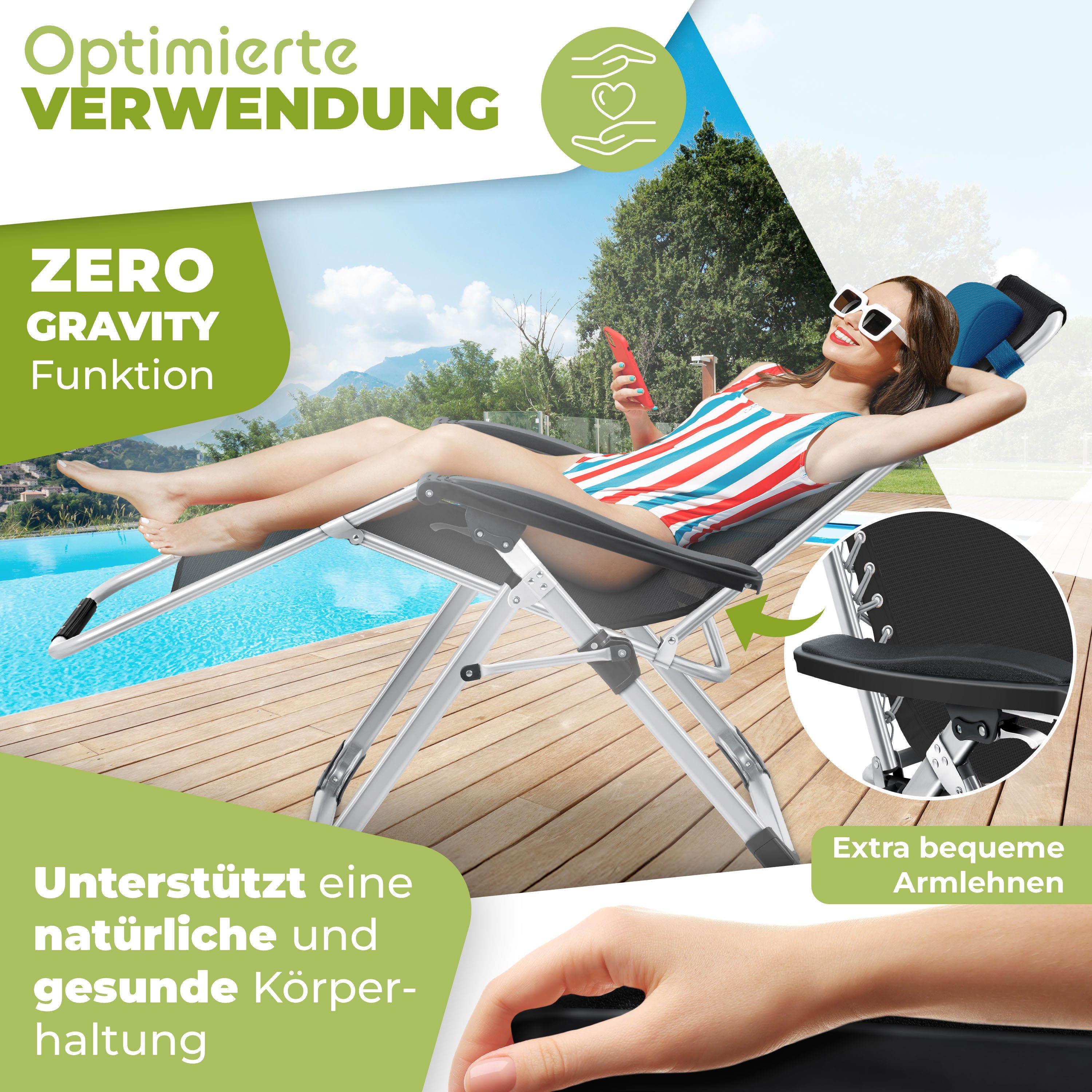 KESSER Gartenliege, Sonnenliege Liegestuhl Klappbar + Getränkehalter Gartenstuhl