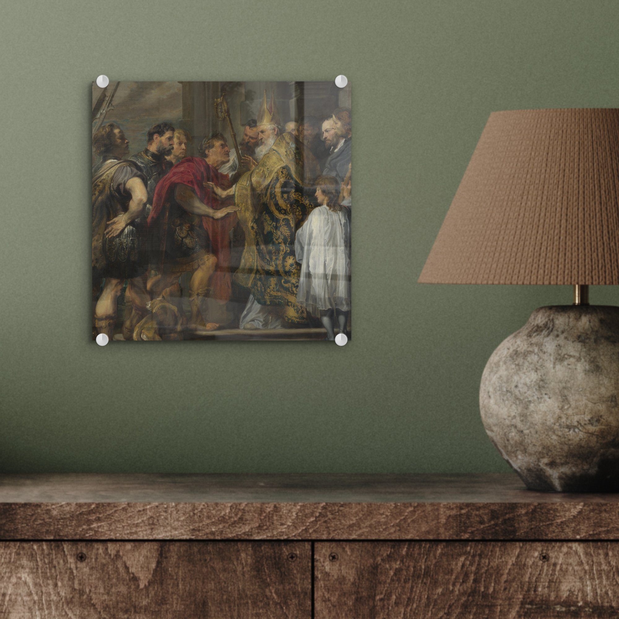 aus Glas Mailänder Acrylglasbild MuchoWow aussperrt, - Glas heilige - Wanddekoration Der (1 Glasbilder auf St), dem - der auf Bilder Dom Theodosius Foto Ambrosius, Wandbild