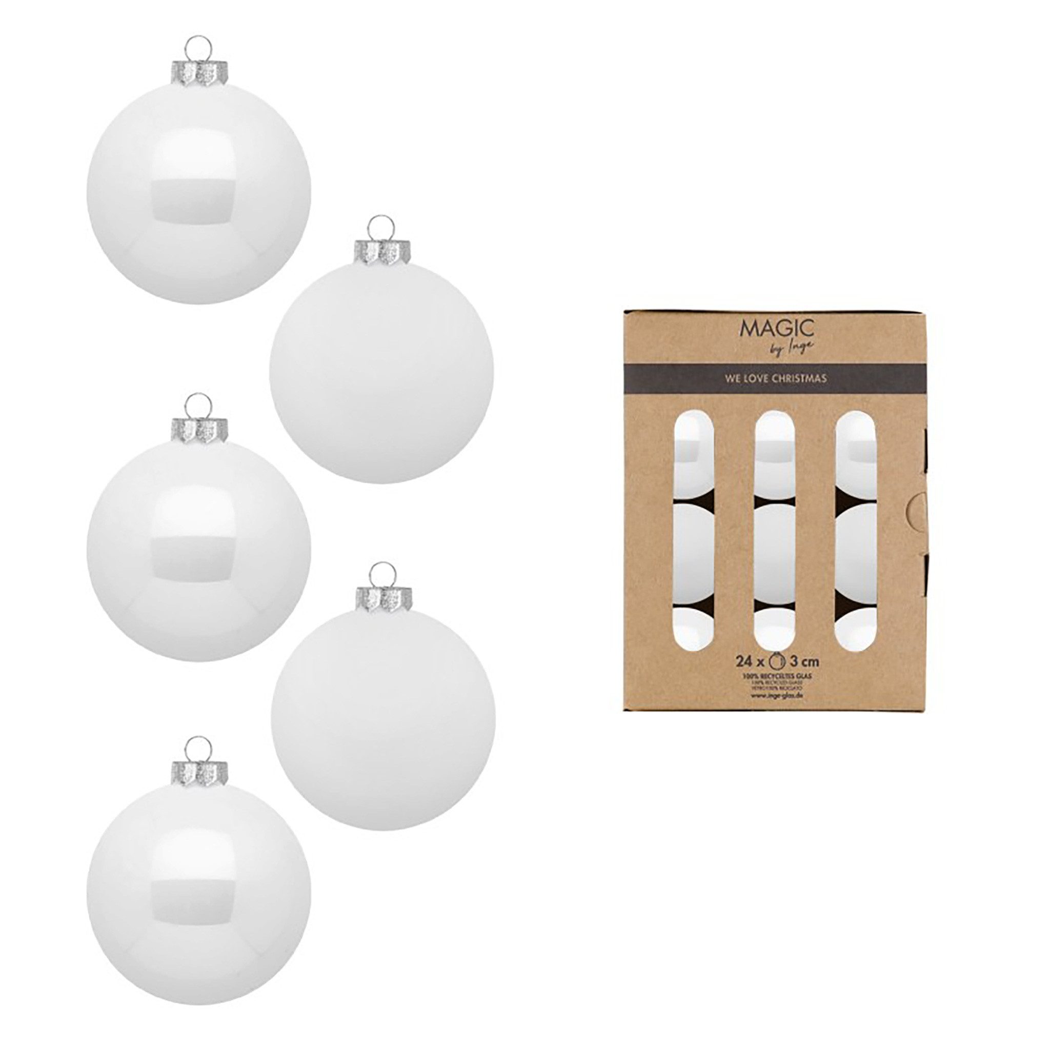 MAGIC by Inge Weihnachtsbaumkugel, Weihnachtskugeln Glas 3cm 24 Stück - Pure White