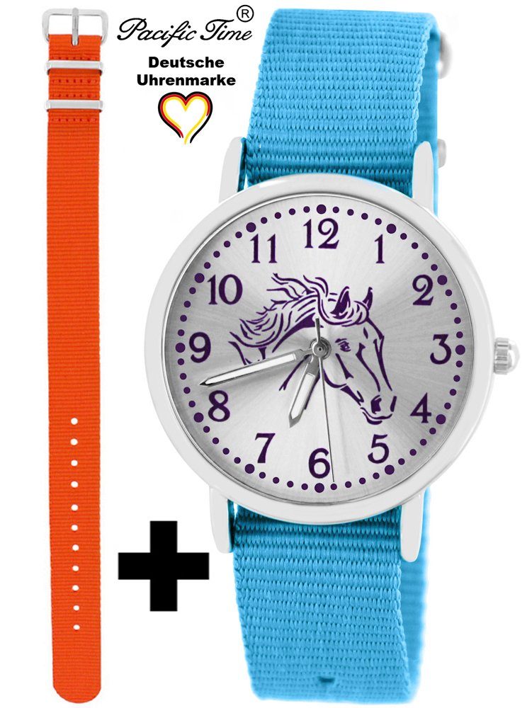 und Design Match und Time Kinder Pacific Quarzuhr violett hellblau Mix Armbanduhr Wechselarmband, - orange Gratis Pferd Set Versand