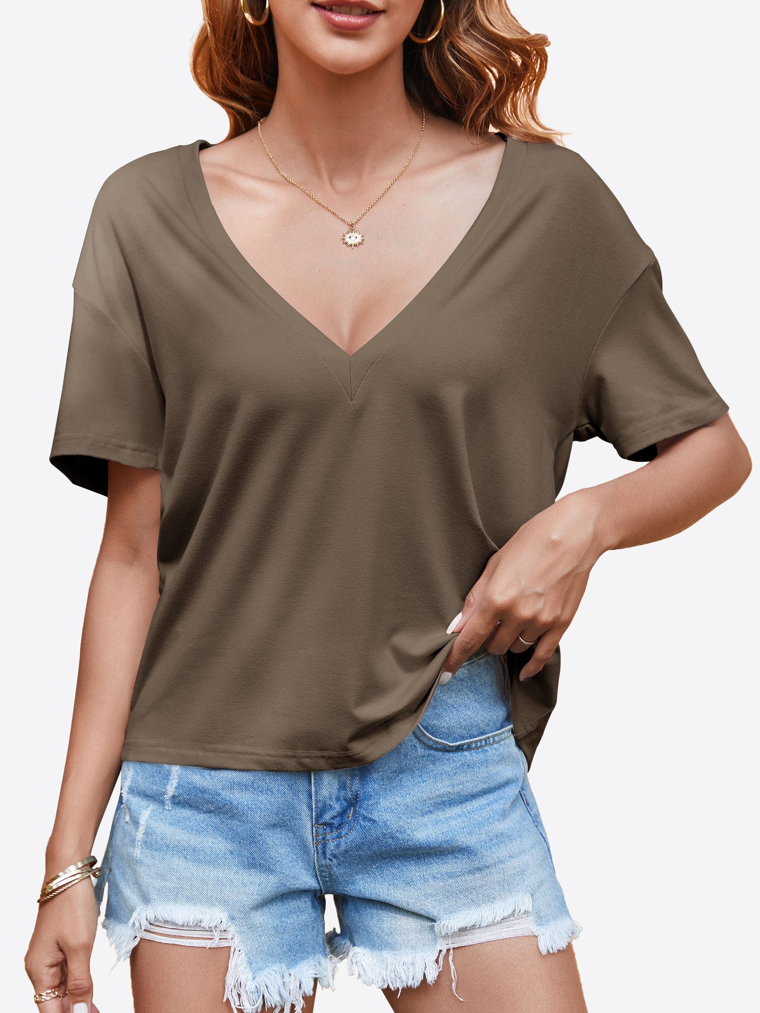 Imily Bela T-Shirt Damen Freizeit Kurzarmtop (Packung, 1-tlg., 1per-Pack) Einfarbig – Bild 5 von 5