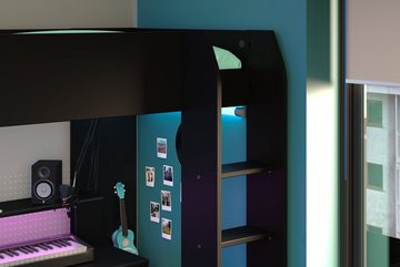 Parisot Hochbett Gaming Hochbett "Online 1" (Komplett Set, 1-St., Hochbett mit Leiter, Schreibtisch, LED Beleuchtung, Stauraum) LED Beleuchtung, USB, Schreibtisch, wahlweise Kaltschaummatratze