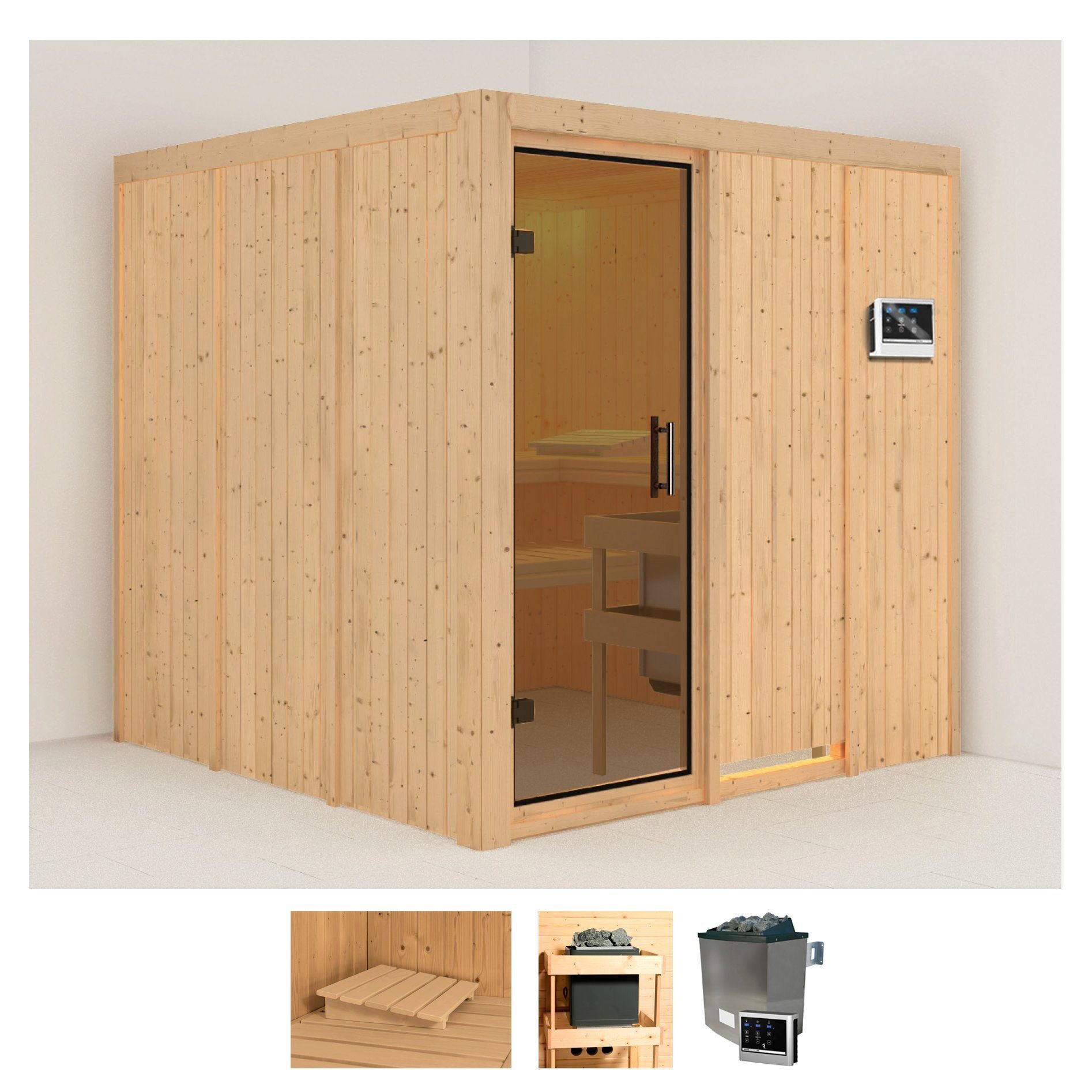 Karibu Sauna Rodin, BxTxH: 196 x 196 x 198 cm, 68 mm, (Set) Ofen 9 KW externe Strg easy