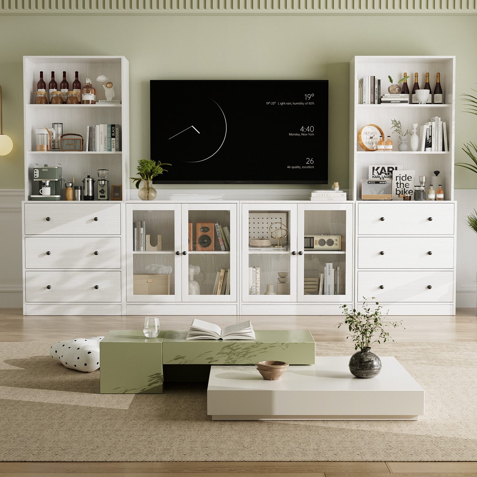 VOWNER TV-Schrank mit Bücherregalen für Fernseher bis zu 70 Zoll, 280 cm TV-Ständer (4-St) Wohnzimmer-Fernsehschrank mit gehärteten Glastüren und Einlegeböden