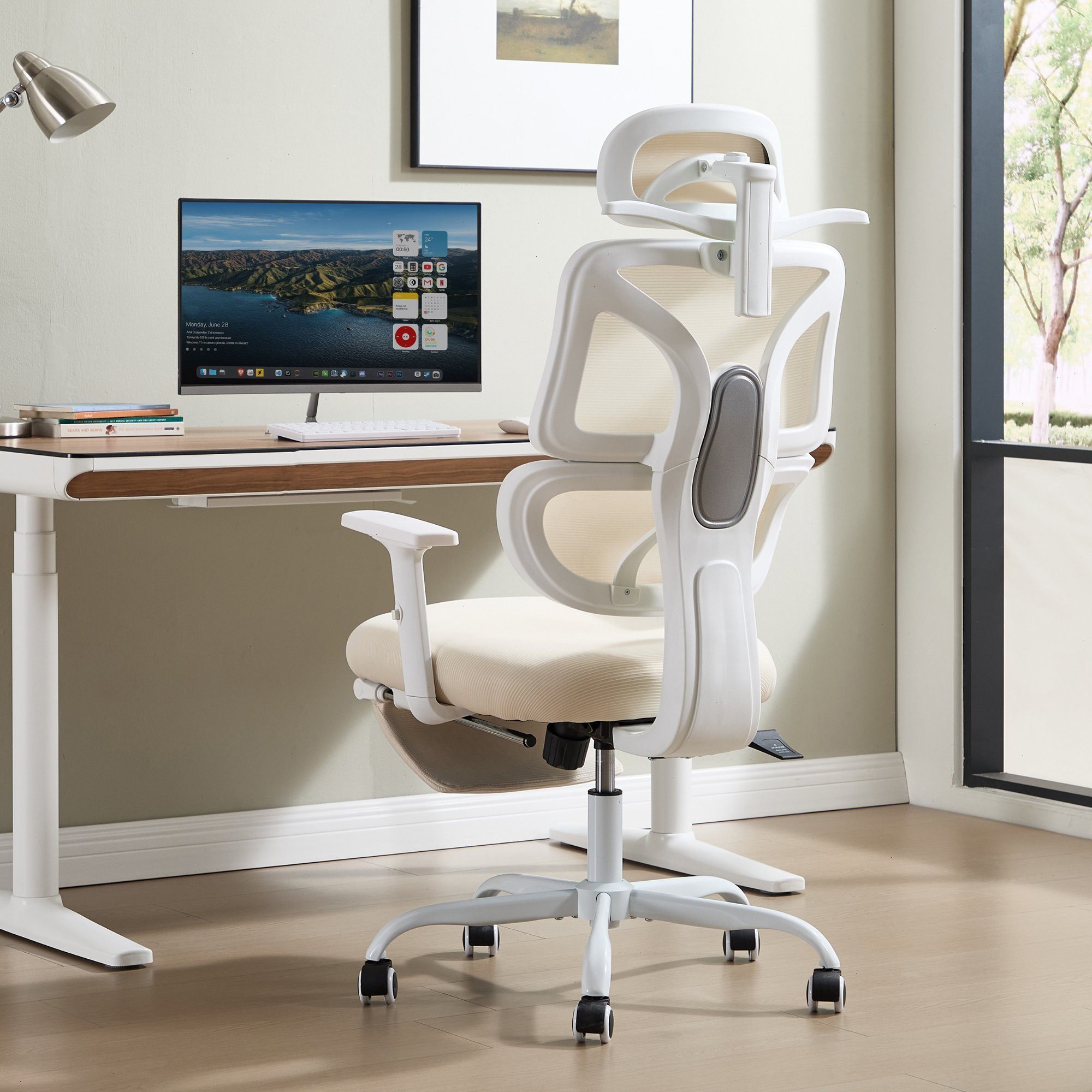 UEV Bürostuhl ergonomisch mit Fußstütze Mesh neigbar bis 135°,atmungsaktiver Stoff (Packung), Verstellbarer Kopfstütze/Armlehnen/Dynamischer Lordosenstütze – Bild 4 von 5